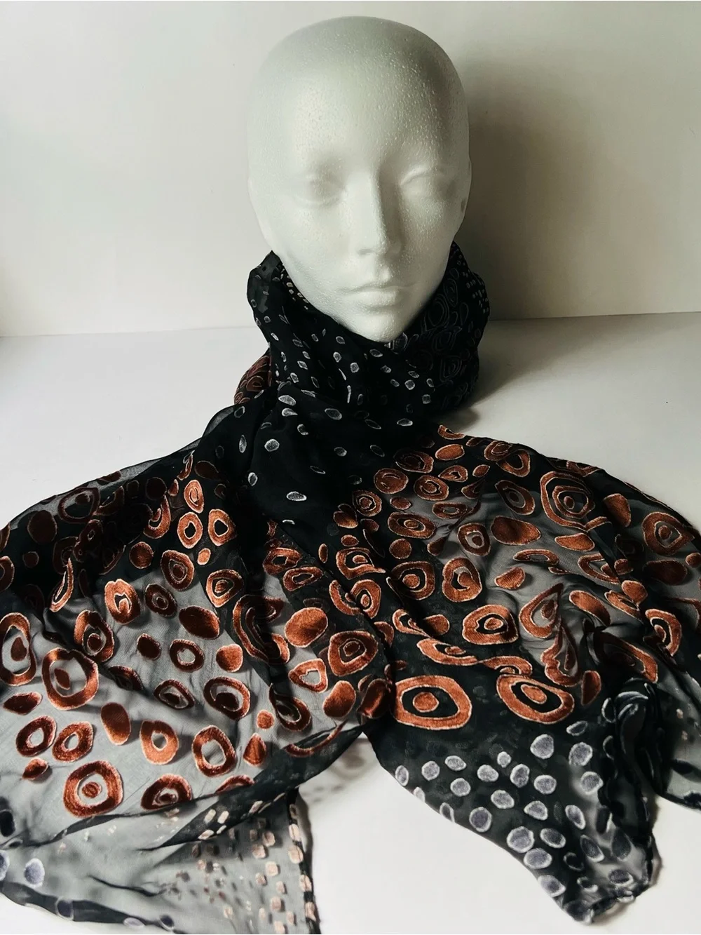 Cynthia Rowley Devore’ metallic copper pebble Sheer, black burnout Scarf